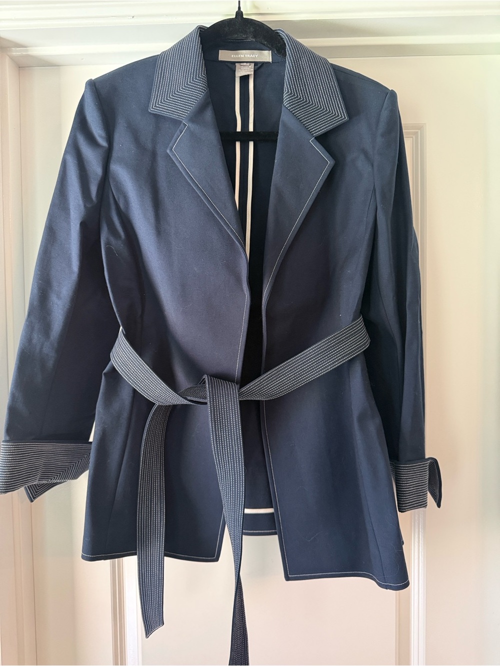 Ellen Tracy Navy Contrast-Trim Belted Blazer